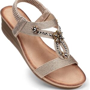 SHIBEVER Womens Wedge Sandals Flower Low Heel Dressy Sandals