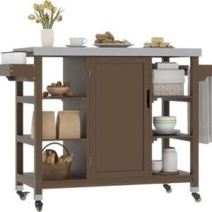 DWVO Outdoor Solid Wood Kitchen Island Grill Cart Movable with Stainless Steel