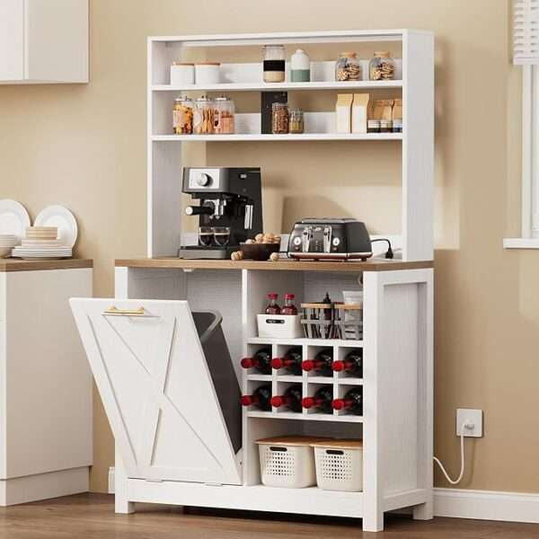 DWVO Bakers Rack Microwave Stand Cabinet with Trash Can Bin Cabinet and Wine Storage Rack