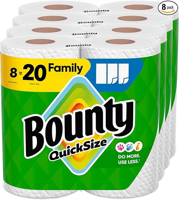 Bounty Quick Size Paper Towels, White, 8 Family Rolls = 20 Regular Rolls (Packaging May Vary)