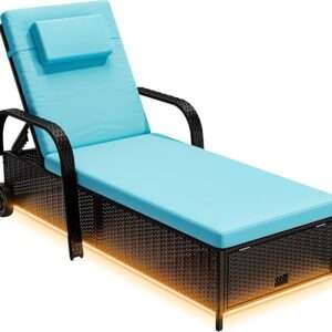 YITAHOME Outdoor Chaise Lounge Chair with LED Lights, Patio Wicker Lounge Chairs