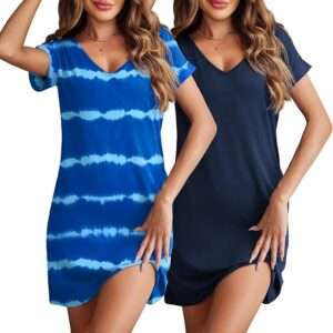 Ekouaer Womens 2 Pack Nightgown V Neck Sleepshirt Short Sleeve Nightshirt Soft Sleep Dress