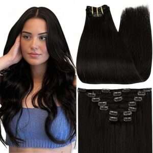 Full Shine Black Hair Extensions Real Human Hair Clip ins Black Straight Clip in Human Hair Extensions