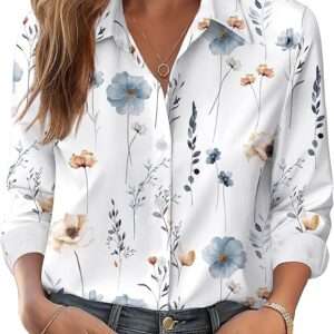 Zeagoo Button Down Shirts for Women Dressy Floral Printed Long Sleeve Blouse Business Casual Work