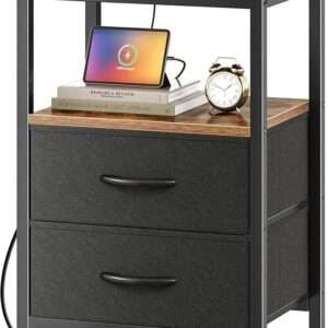 Huuger Nightstand with Charging Station, Side Table with Fabric Drawers, End Table with Open Shelf