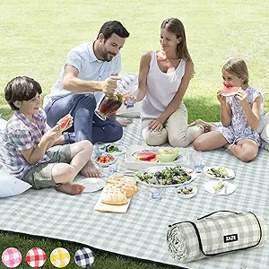 ZAZE Extra Large Picnic Outdoor Blanket, 80''x80'' Waterproof Foldable Blankets Gingham Picnic Mat for Beach