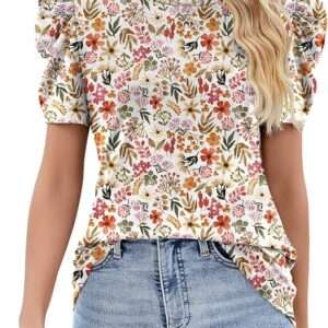 Ivicoer Puff Short Sleeve Shirt for Women Eyelet Tops Summer Crewneck Blouse Loose Fit S-XXL